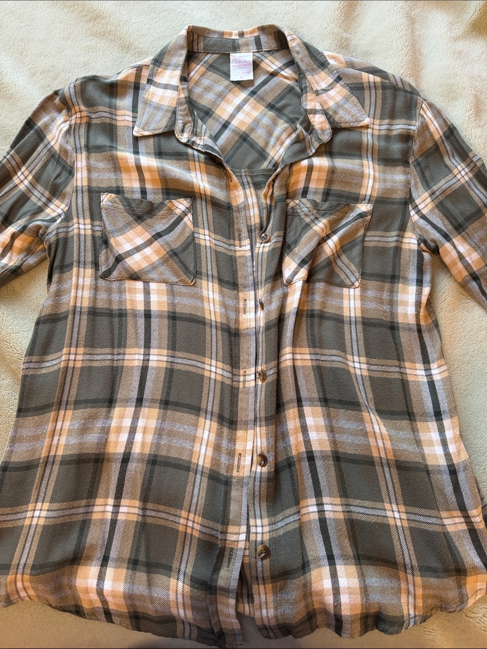 Plaid Button-Up Shirt in Olive and Peach Size Large Women’s